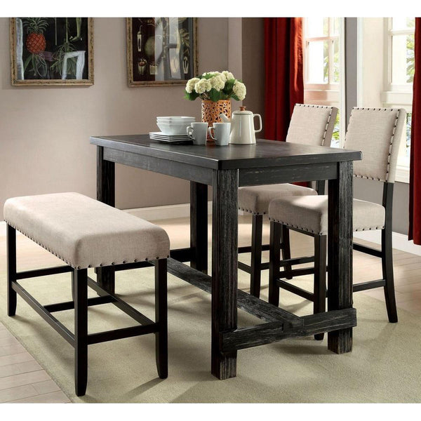 English Elm Set of 2 Antique Black Counter Height Chairs with Beige Linen-Look Upholstery & Nailhead Trim, Rustic Elegance B016P156353