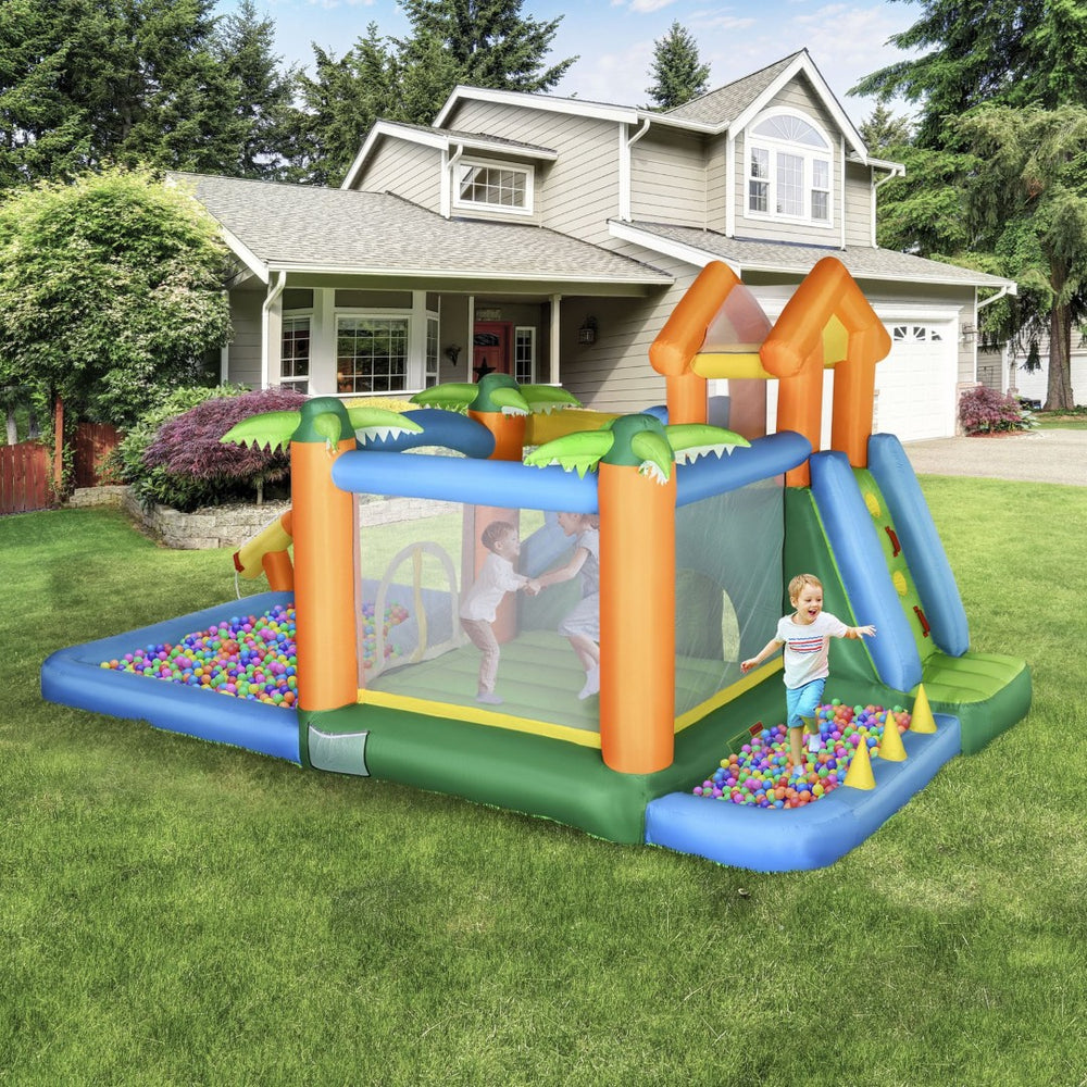English Elm Outsunny Tropical Inflatable Bounce House with Water Slide Pool Trampoline for Kids W2225P156336