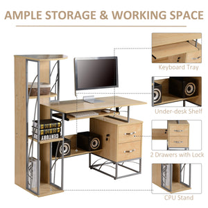 English Elm HOMCOM Compact Computer Desk with 4-Tier Bookshelf, Lockable Drawers, Keyboard Tray, Natural W2225P156371