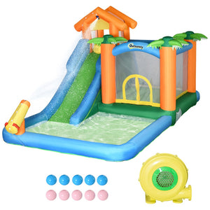English Elm Outsunny Tropical Inflatable Bounce House with Water Slide Pool Trampoline for Kids W2225P156336