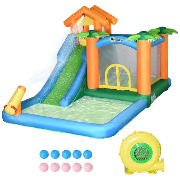 English Elm Outsunny Tropical Inflatable Bounce House with Water Slide Pool Trampoline for Kids W2225P156336