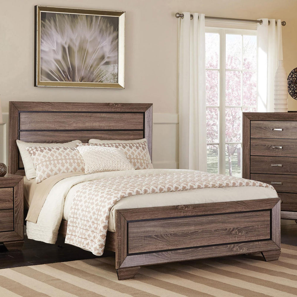 English Elm Washed Taupe Queen Panel Bed - Rustic Transitional Wood Frame, Horizontal Paneled Headboard & Footboard B062S00314