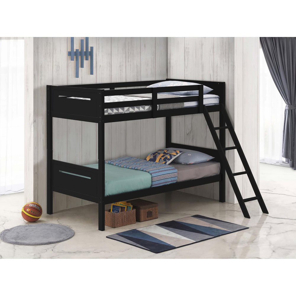 English Elm Black Twin/Twin Bunk Bed Modern Rubberwood Frame with Angled Ladder, Full Guardrails, 400 lb Tested Capacity B062S00335