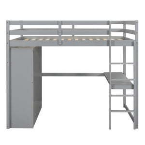English Elm Wood Full Size Loft Bed with Built-in Wardrobe, Desk, Shelves and Drawers for Organized Rooms Gray GX000445AAE