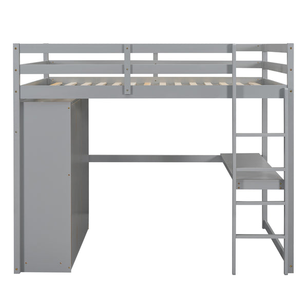 English Elm Wood Full Size Loft Bed with Built-in Wardrobe, Desk, Shelves and Drawers for Organized Rooms Gray GX000445AAE