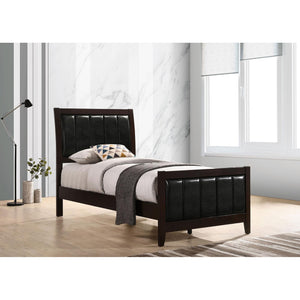 English Elm Cappuccino Twin Panel Bed with Channeled Leatherette Headboard, Curved Legs, Mid-Century Modern Design B062S00316