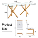 Hearth and Haven 1 Table and 6 Chairs. Glass Dining Table with 0.39 "Tempered Glass Tabletop and Wooden Metal Legs. White Leatherette Leather High Backrest Soft Padded Side Chair with C-Shaped Tube Chrome Metal Leg W1151S00683