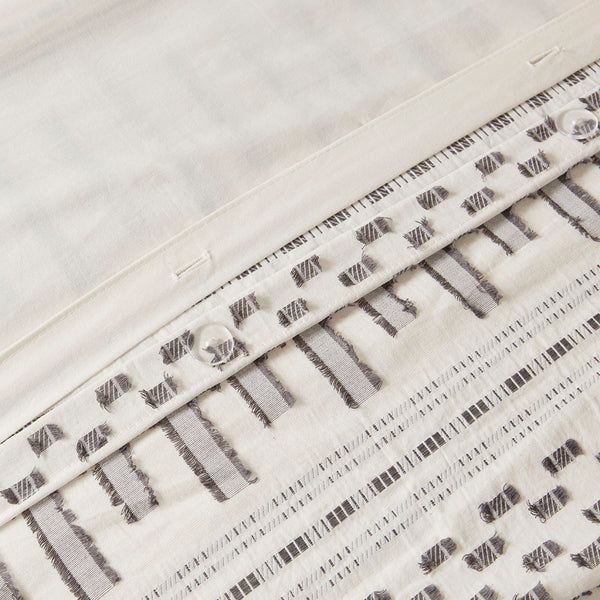 English Elm Full/Queen Rhea Cotton Jacquard Duvet Cover Mini Set – Ivory Striped Eyelash Texture, OEKO-TEX, Button Closure B03596464