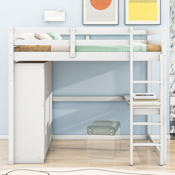 English Elm Wood Full Size Loft Bed with Built-in Wardrobe, Desk, Shelves and Drawers for Organized Rooms White GX000445AAK