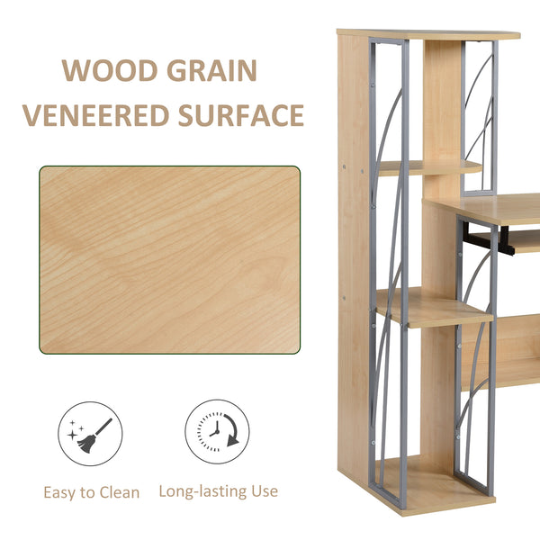 English Elm HOMCOM Compact Computer Desk with 4-Tier Bookshelf, Lockable Drawers, Keyboard Tray, Natural W2225P156371