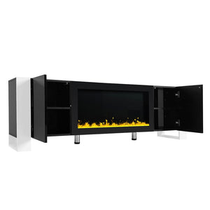 English Elm On-trend Gloss Media Console with Built-in Electric Fireplace for Living Rooms Black SD000029AAB