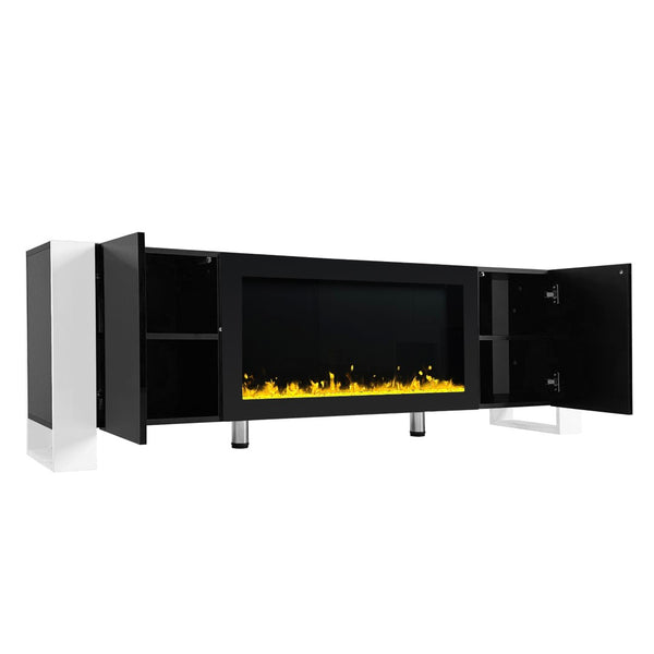 English Elm On-trend Gloss Media Console with Built-in Electric Fireplace for Living Rooms Black SD000029AAB