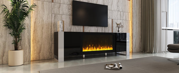 English Elm On-trend Gloss Media Console with Built-in Electric Fireplace for Living Rooms Black SD000029AAB