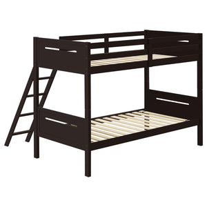 English Elm Espresso Twin/Twin Bunk Bed Sturdy Rubberwood Frame with Angled Ladder, Full Guardrails, 400 lb Test B062S00336