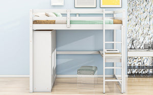 English Elm Wood Full Size Loft Bed with Built-in Wardrobe, Desk, Shelves and Drawers for Organized Rooms White GX000445AAK