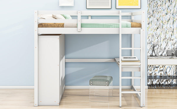 English Elm Wood Full Size Loft Bed with Built-in Wardrobe, Desk, Shelves and Drawers for Organized Rooms White GX000445AAK