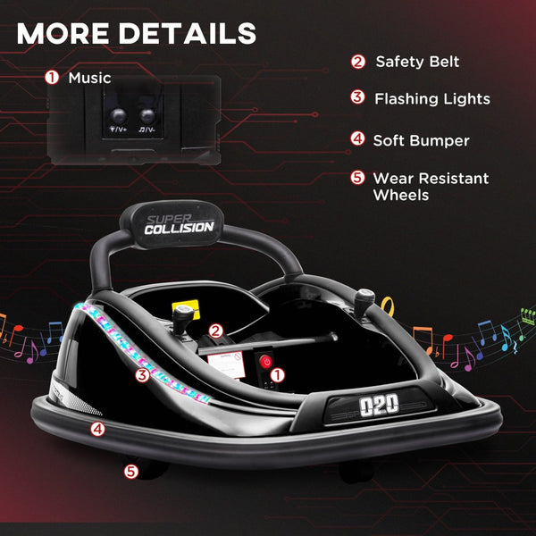 English Elm Aosom 12v Toddler Ride on Bumper Car with Dual Motors 360 Spin Led Glow Black W2225P156331