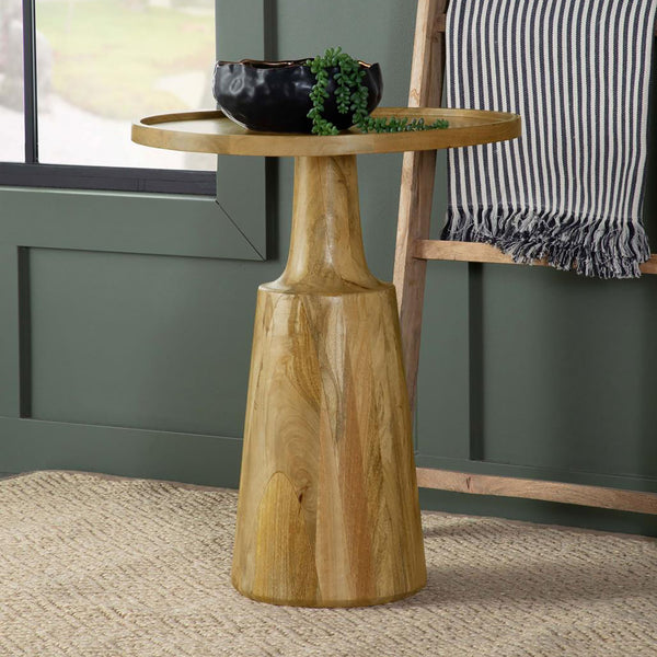 English Elm Natural Pedestal Accent Table – Eco Mango Wood Jug-Style Base, Lipped Round Top, Rustic Modern Charm B062S00354