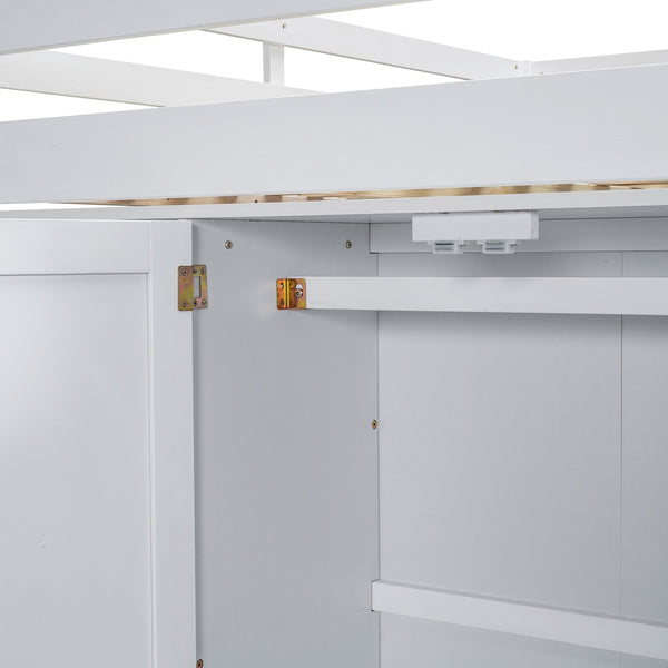 English Elm Wood Full Size Loft Bed with Built-in Wardrobe, Desk, Shelves and Drawers for Organized Rooms White GX000445AAK