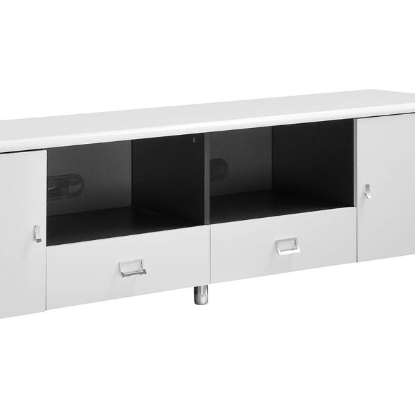 English Elm Glossy 71" White and Grey TV Console with 2 Drawers, 2 Cabinets, Chrome Pulls — Sleek Modern Storage for 64" TVs B062S00328