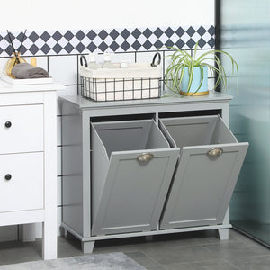 English Elm Homcom Tilt-Out Laundry Sorter Cabinet With Dual Hampers & Storage, Stylish Gray Bathroom Organizer W2225P156383