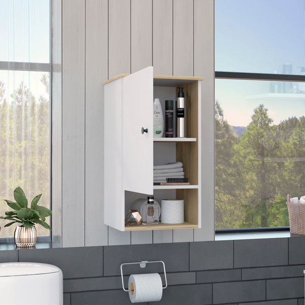 English Elm Medicine Single Door Cabinet 28" H with Soft-Close Hinges, Open Shelf & Two Interior Shelves, Light Oak White Finish B097133246