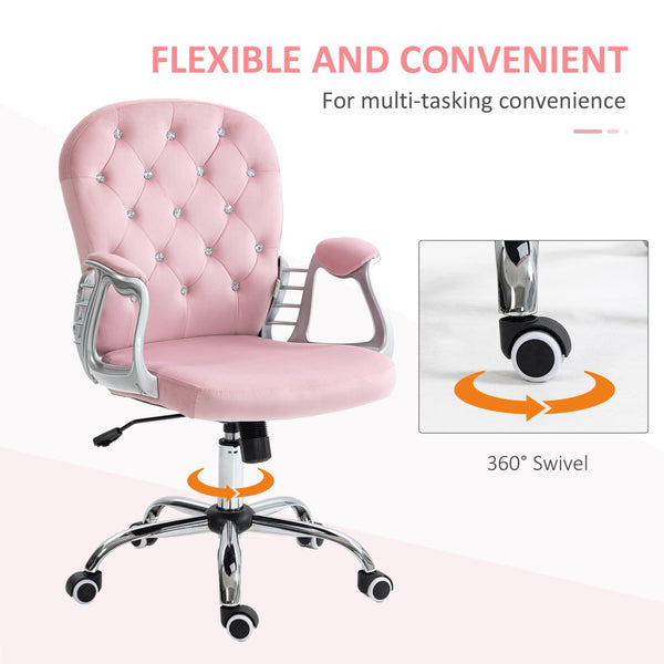 English Elm Vinsetto Stylish Pink Velvet Office Chair With Adjustable Height, Padded Armrests & Swivel Wheels W2225P156384-GIGA