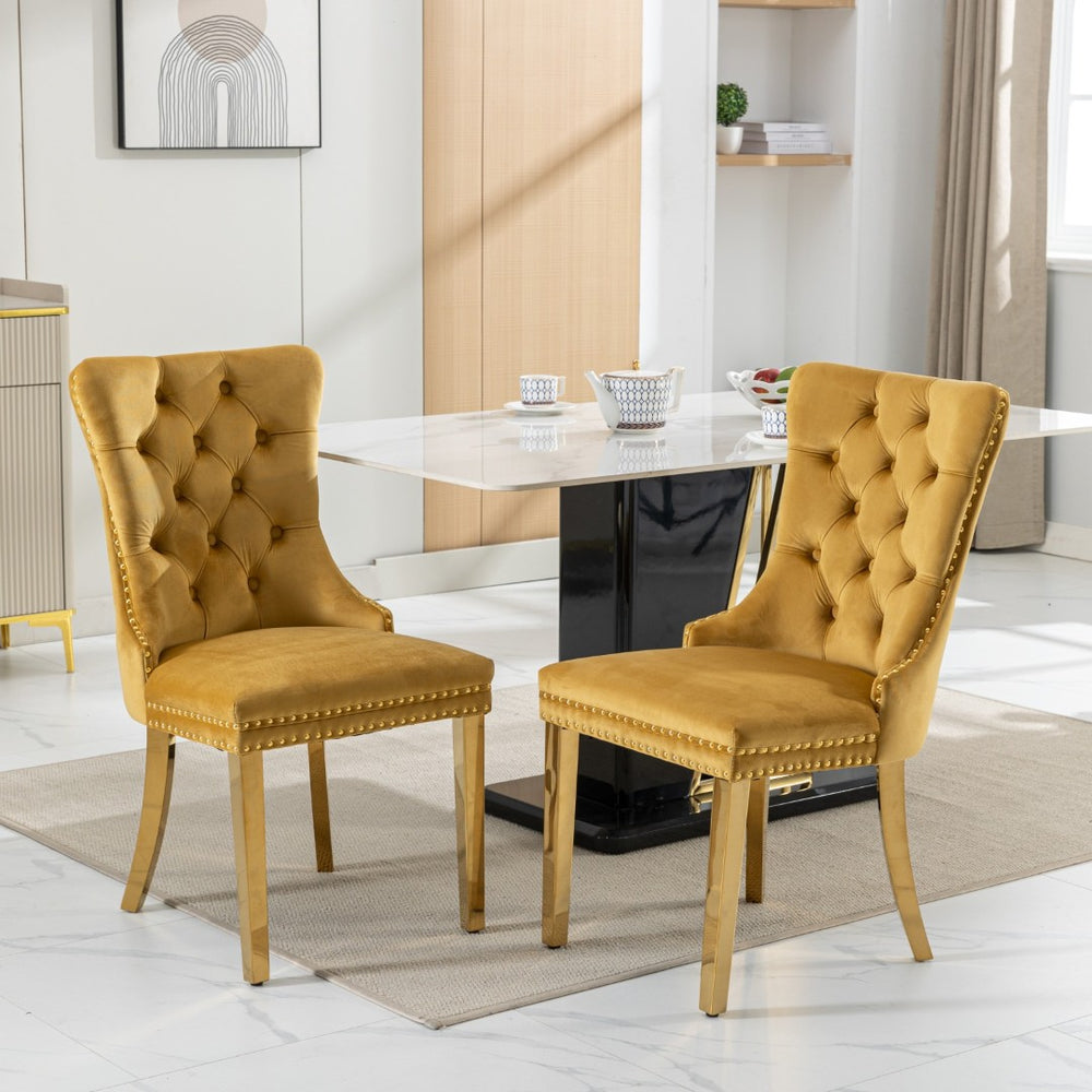 English Elm A&a Velvet Tufted Dining Chairs with Gold Plated Legs and Nailhead Trim Set of 2 W1143P151483