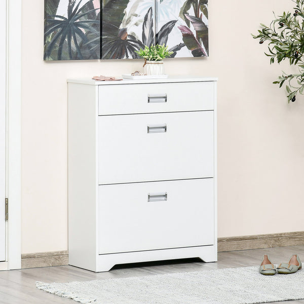 English Elm HOMCOM Modern 3-Drawer Shoe Cabinet with 2 Flip Doors & Adjustable Shelves, Holds 16 Pairs White W2225P156388