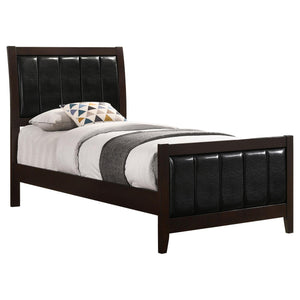 English Elm Cappuccino Twin Panel Bed with Channeled Leatherette Headboard, Curved Legs, Mid-Century Modern Design B062S00316