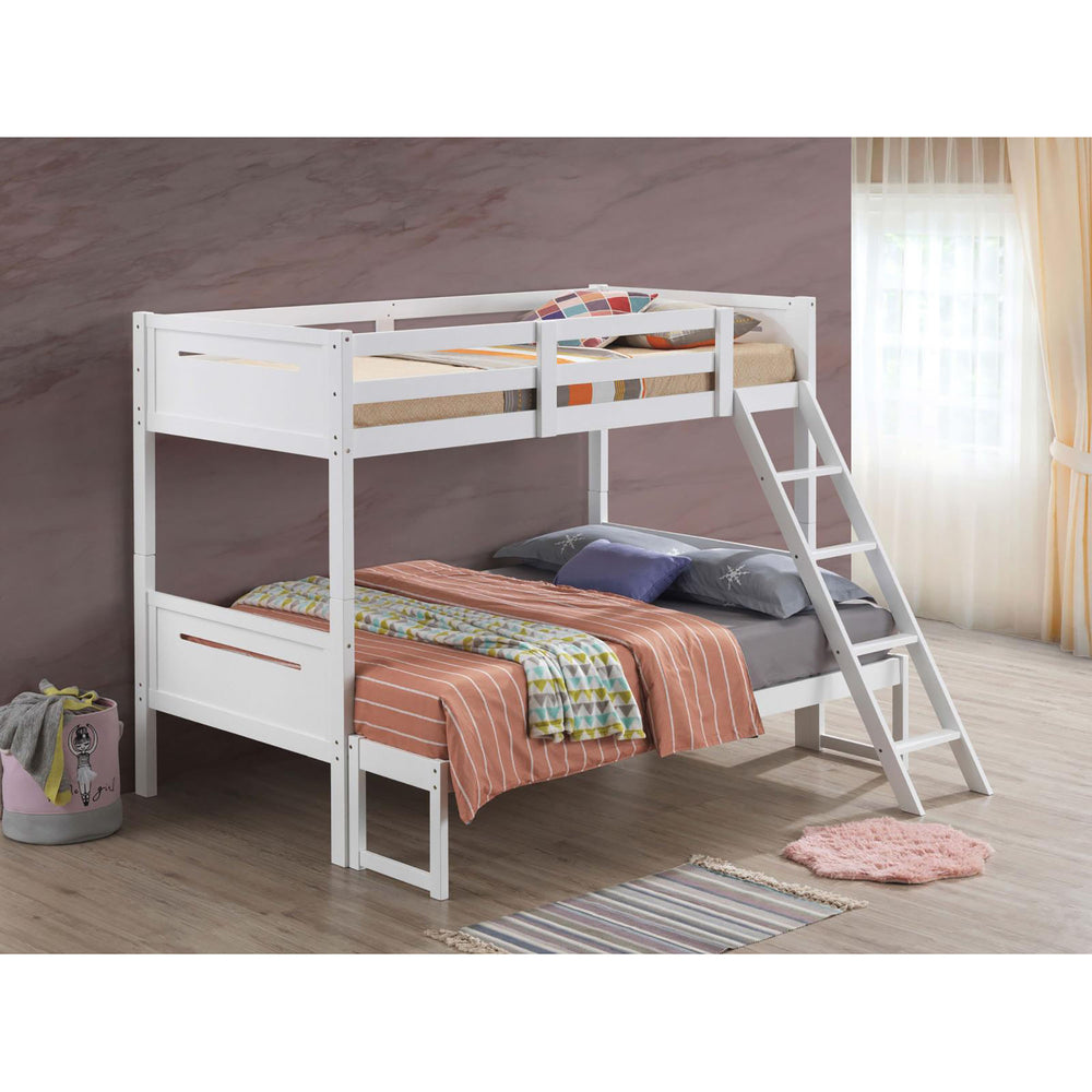 English Elm White Twin/Full Bunk Bed Modern Rubberwood Sturdy Design with Angled Ladder, Guardrails, Safe Durable Finish B062S00341