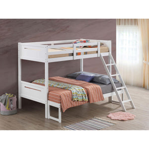 English Elm White Twin/Full Bunk Bed Modern Rubberwood Sturdy Design with Angled Ladder, Guardrails, Safe Durable Finish B062S00341