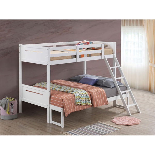 English Elm White Twin/Full Bunk Bed Modern Rubberwood Sturdy Design with Angled Ladder, Guardrails, Safe Durable Finish B062S00341