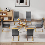 Hearth and Haven 1 Table with 6 Chairs. Glass Dining Table with 0.39 "Tempered Glass Tabletop and Wooden Metal Legs. Leatherette Leather High Backrest Cushioned Side Chair with C-Shaped Chrome Metal Legs. W1151S00685 W1151S00685