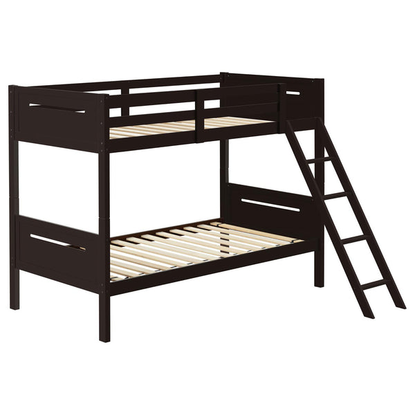 English Elm Espresso Twin/Twin Bunk Bed Sturdy Rubberwood Frame with Angled Ladder, Full Guardrails, 400 lb Test B062S00336