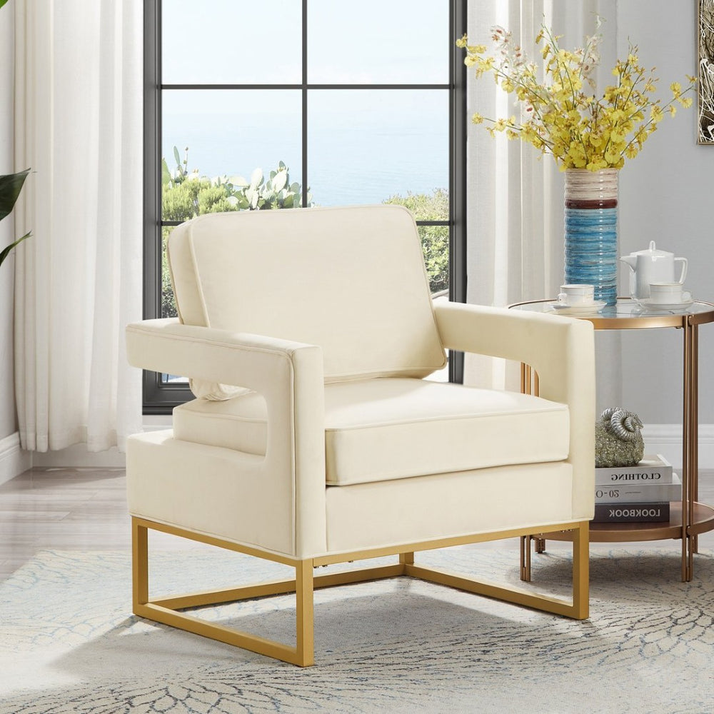 English Elm Modern Velvet Accent Chair with Gold Iron Base Open Arms Glam Living Room Seat Cream W2186P148523