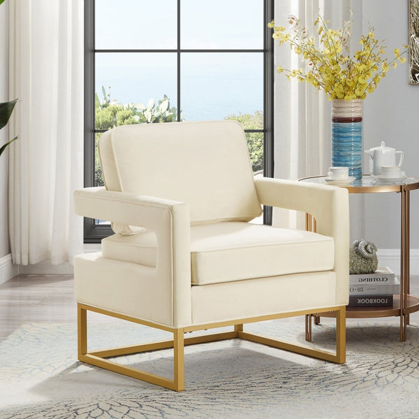 English Elm Modern Velvet Accent Chair with Gold Iron Base Open Arms Glam Living Room Seat Cream W2186P148523