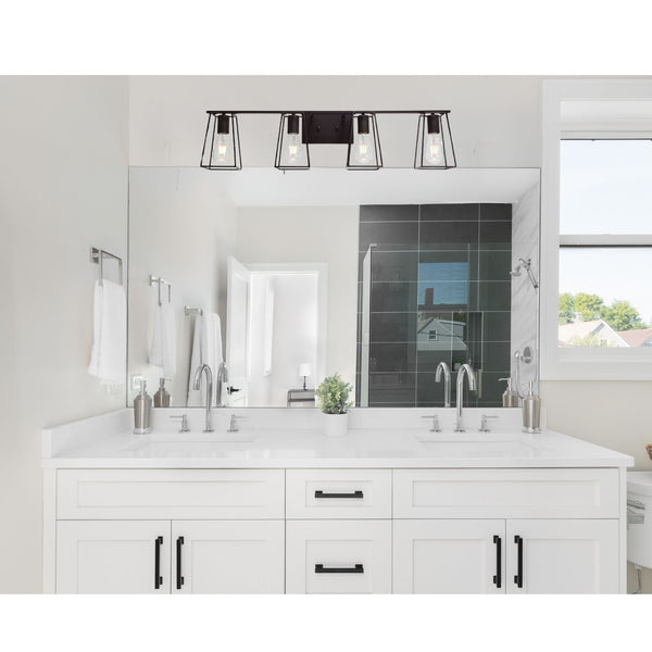 English Elm 4-Light Oil-Rubbed Bronze Vanity Light Fixture — Industrial Vintage 35" Wall Sconce with Open Cage, Dimmable-Friendly B130P148038