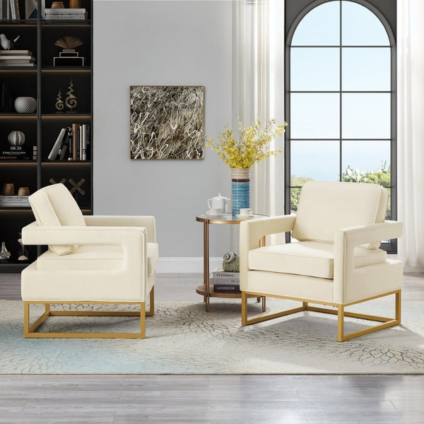 English Elm Modern Velvet Accent Chair with Gold Iron Base Open Arms Glam Living Room Seat Cream W2186P148523