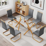 7-Piece Glass Dining Set: Wooden-Leg Table & 6 Grey Leatherette Chairs