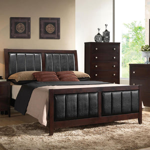 English Elm Cappuccino Faux Leather Panel Bed Queen with Pleated Black Upholstery, Sturdy 600lb Frame, Stylish Transition B062S00313