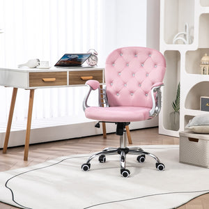 English Elm Vinsetto Velvet Home Office Chair, Button Tufted Desk Chair With Padded Armrests, Adjustable Height and Swivel Wheels, Pink