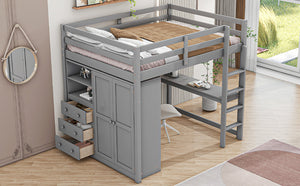 English Elm Wood Full Size Loft Bed with Built-in Wardrobe, Desk, Shelves and Drawers for Organized Rooms Gray GX000445AAE