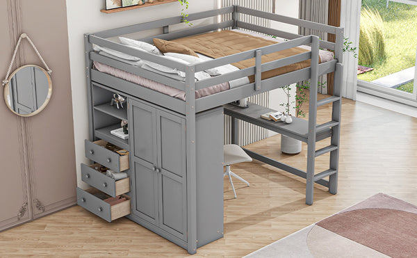 English Elm Wood Full Size Loft Bed with Built-in Wardrobe, Desk, Shelves and Drawers for Organized Rooms Gray GX000445AAE