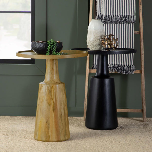 English Elm Natural Pedestal Accent Table – Eco Mango Wood Jug-Style Base, Lipped Round Top, Rustic Modern Charm B062S00354