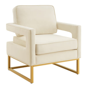English Elm Modern Velvet Accent Chair with Gold Iron Base Open Arms Glam Living Room Seat Cream W2186P148523