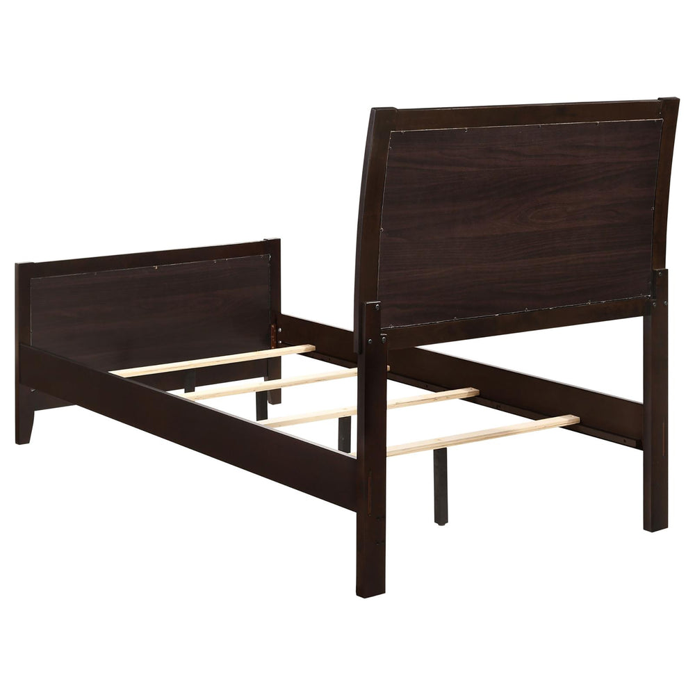 English Elm Cappuccino Twin Panel Bed with Channeled Leatherette Headboard, Curved Legs, Mid-Century Modern Design B062S00316