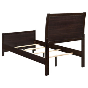 English Elm Cappuccino Twin Panel Bed with Channeled Leatherette Headboard, Curved Legs, Mid-Century Modern Design B062S00316