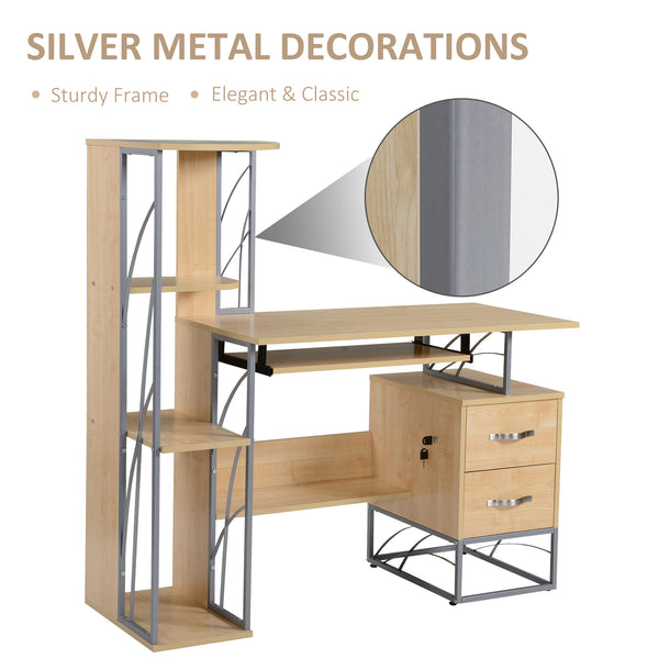 English Elm HOMCOM Compact Computer Desk with 4-Tier Bookshelf, Lockable Drawers, Keyboard Tray, Natural W2225P156371