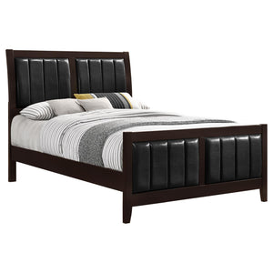 English Elm Cappuccino Faux Leather Panel Bed Queen with Pleated Black Upholstery, Sturdy 600lb Frame, Stylish Transition B062S00313